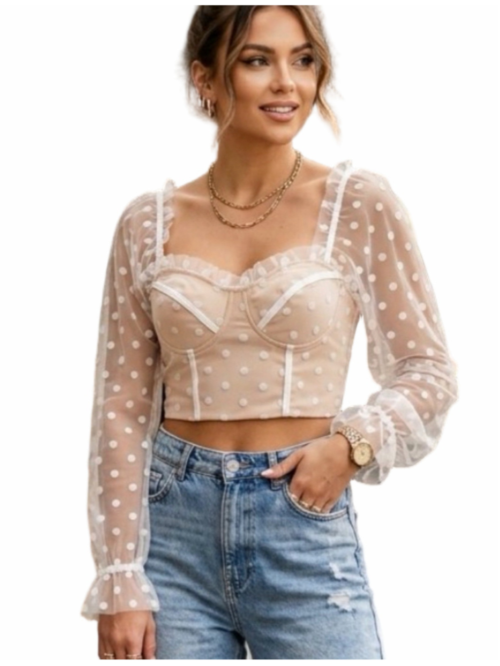 Runaway The Label Chloe Polka Dot Sheer Long Sleeve Corset Crop S4 Top 2108
